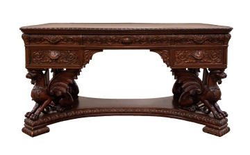R. J. Horner Carved Mahogany Figural Winged Griffin Partner's Desk