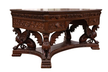 R. J. Horner Carved Mahogany Figural Winged Griffin Partner's Desk