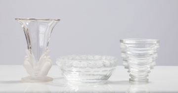 Lalique 'Saint-Marc' Vase & 'Mesanges' Bowl with Libochovice Turtle Dove Vase