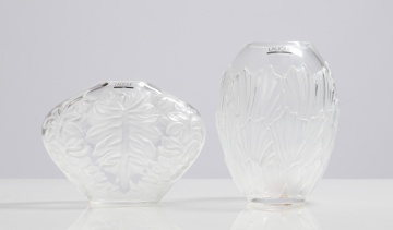 Lalique Mahe Clair Palm Leaf & Sandrift Vases