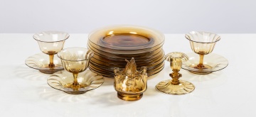 Steuben Amber Sherbets, Nine Plates, Candlestick, & Flower Frog
