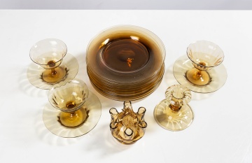 Steuben Amber Sherbets, Nine Plates, Candlestick, & Flower Frog