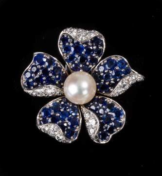 Van Cleef & Arpels Platinum, Sapphire, Diamond, & Pearl "Fleur" Clip / Brooch