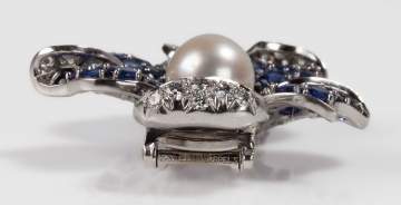 Van Cleef & Arpels Platinum, Sapphire, Diamond, & Pearl "Fleur" Clip / Brooch
