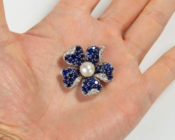 Van Cleef & Arpels Platinum, Sapphire, Diamond, & Pearl "Fleur" Clip / Brooch