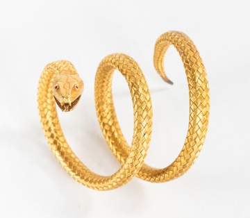 18K Gold Coiled Serpent Bracelet With Ruby Eyes