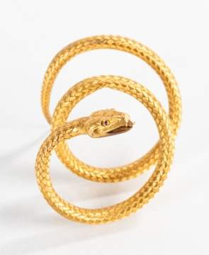18K Gold Coiled Serpent Bracelet With Ruby Eyes