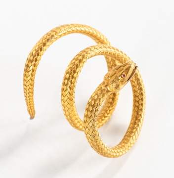 18K Gold Coiled Serpent Bracelet With Ruby Eyes