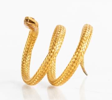 18K Gold Coiled Serpent Bracelet With Ruby Eyes