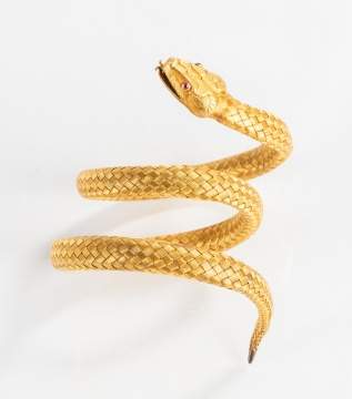 18K Gold Coiled Serpent Bracelet With Ruby Eyes