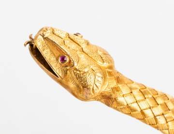18K Gold Coiled Serpent Bracelet With Ruby Eyes