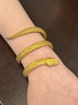 18K Gold Coiled Serpent Bracelet With Ruby Eyes