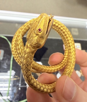 18K Gold Coiled Serpent Bracelet With Ruby Eyes