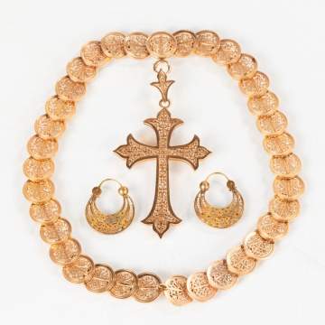 18K Gold French Byzantine Revival Cross Necklace & Earrings