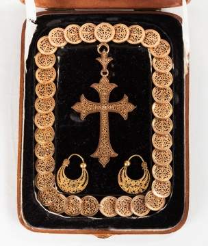 18K Gold French Byzantine Revival Cross Necklace & Earrings