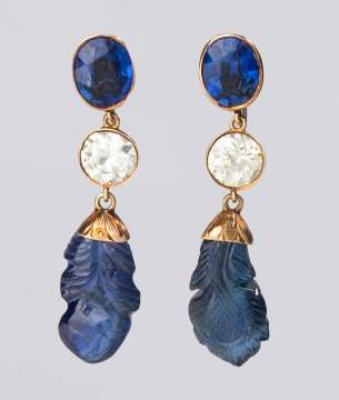 Diamond & Carved Blue Corundum Dangle Earrings