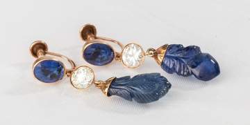 Diamond & Carved Blue Corundum Dangle Earrings