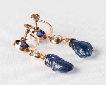 Diamond & Carved Blue Corundum Dangle Earrings