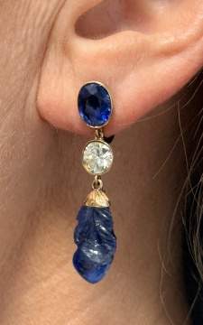 Diamond & Carved Blue Corundum Dangle Earrings