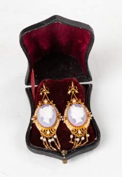 19th Century 14K Gold Filigree & French Agate Cameo Earrings with Seed Pearls