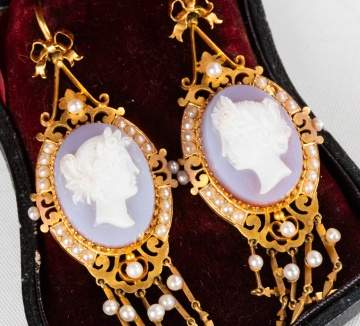 19th Century 14K Gold Filigree & French Agate Cameo Earrings with Seed Pearls