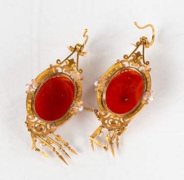 19th Century 14K Gold Filigree & French Agate Cameo Earrings with Seed Pearls
