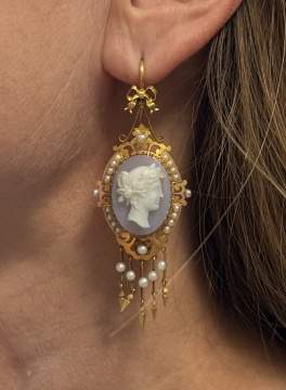 19th Century 14K Gold Filigree & French Agate Cameo Earrings with Seed Pearls