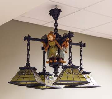 Leaded Glass Bulls-Eye Hanging Fixture with Dutch Figures & Four Sconces