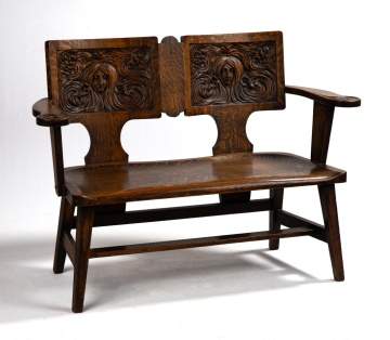 Arts & Crafts Symbolist Tiger Oak Bench Settee