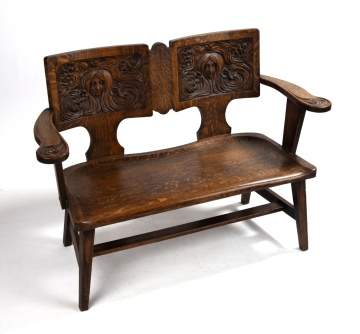 Arts & Crafts Symbolist Tiger Oak Bench Settee