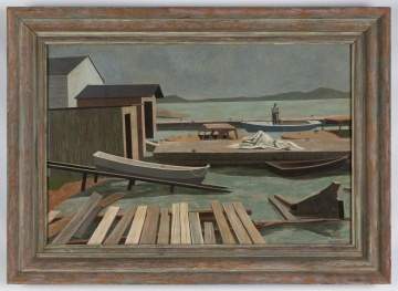 Virginia Cuthbert (American, 1908-2001) Boats at Docks on Shoreline