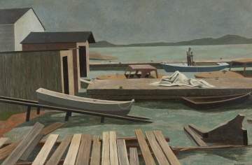 Virginia Cuthbert (American, 1908-2001) Boats at Docks on Shoreline