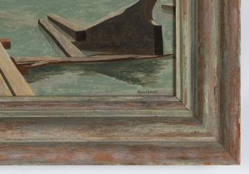 Virginia Cuthbert (American, 1908-2001) Boats at Docks on Shoreline