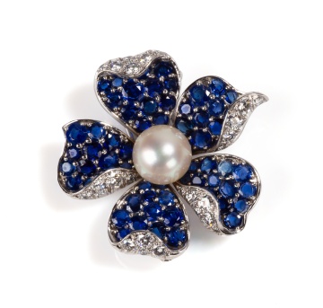 Van Cleef & Arpels Sapphire, Diamond, & Pearl "Fleur" Clip / Brooch