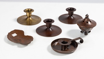 Roycroft Hand-Hammered Copper Candleholders, Tray, & Incense Burner