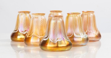 Six Quezal Pulled Feather Art Glass Shades
