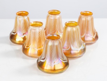 Six Quezal Pulled Feather Art Glass Shades