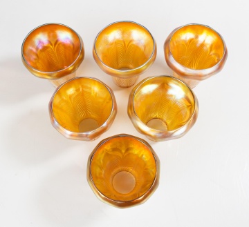 Six Quezal Pulled Feather Art Glass Shades