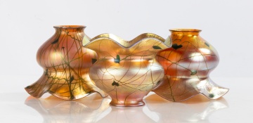 Three Decorated Art Glass Shades with Ruffled Rims