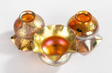 Three Decorated Art Glass Shades with Ruffled Rims