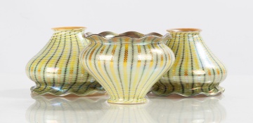 Three Decorated Art Glass Shades with Ruffled Rims