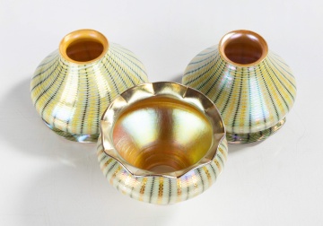 Three Decorated Art Glass Shades with Ruffled Rims