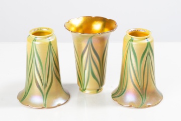 Three Quezal Pulled Feather Art Glass Shades