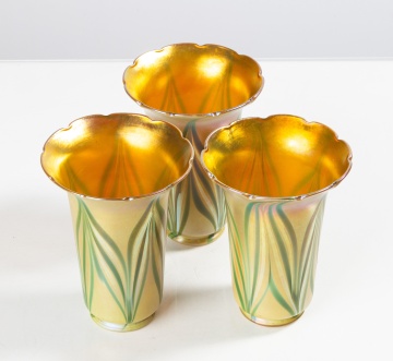 Three Quezal Pulled Feather Art Glass Shades