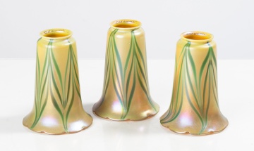 Three Quezal Pulled Feather Art Glass Shades