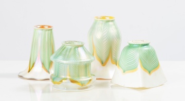 Four Quezal Pulled Feather Art Glass Shades