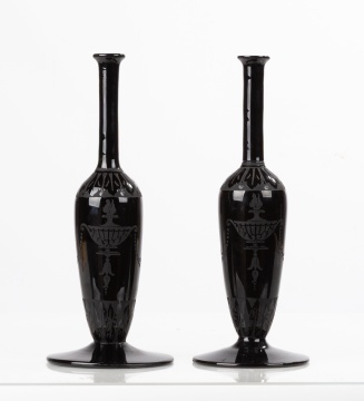 Pair of Steuben Acid Etched Mirror Black Bud Vases