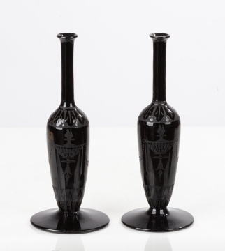 Pair of Steuben Acid Etched Mirror Black Bud Vases