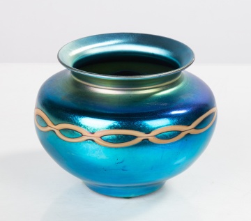 Steuben Blue Aurene Decorated Iridescent Vase