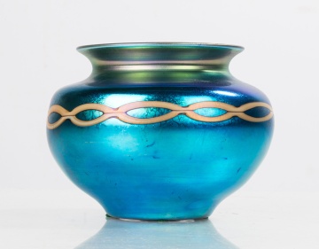Steuben Blue Aurene Decorated Iridescent Vase